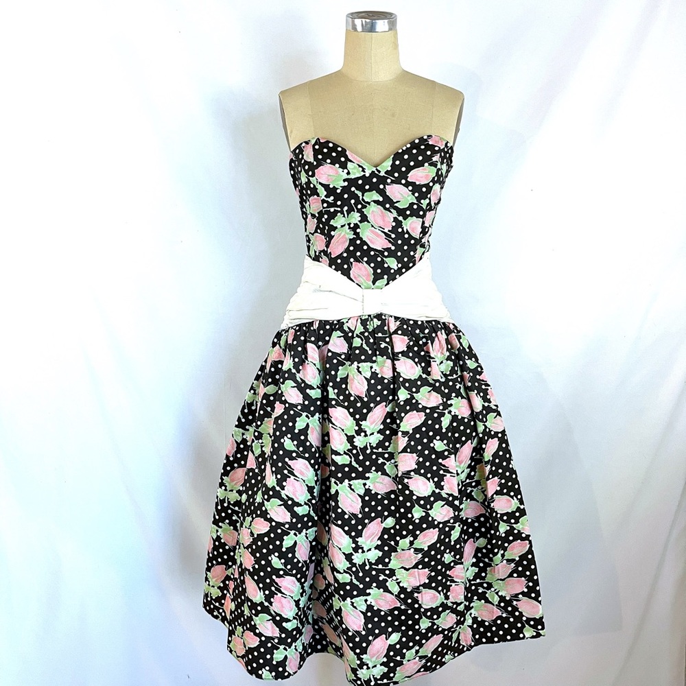 Vintage 80s Gunne Sax Dress Strapless Rose & Polka Dot Small